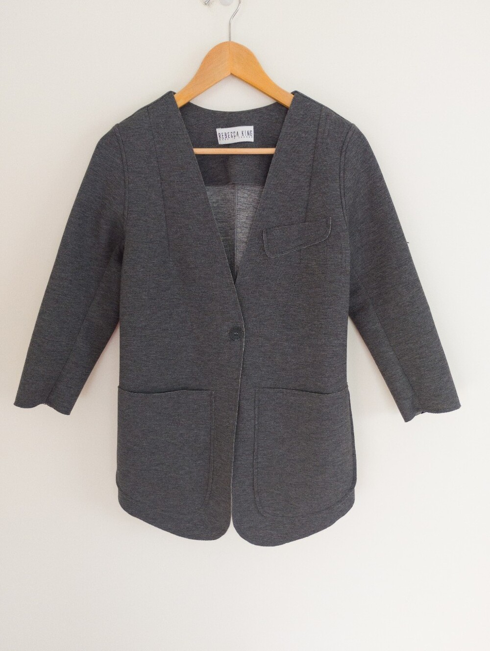 Rebecca King Knit Blazer Charcoal Grey Single Button Structured Jacket Size S